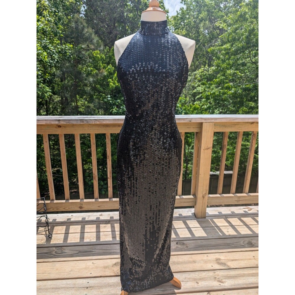 Vintage Sequined Evening Gown High Neckline Sleeveless Beaded Small 6 Black Slit